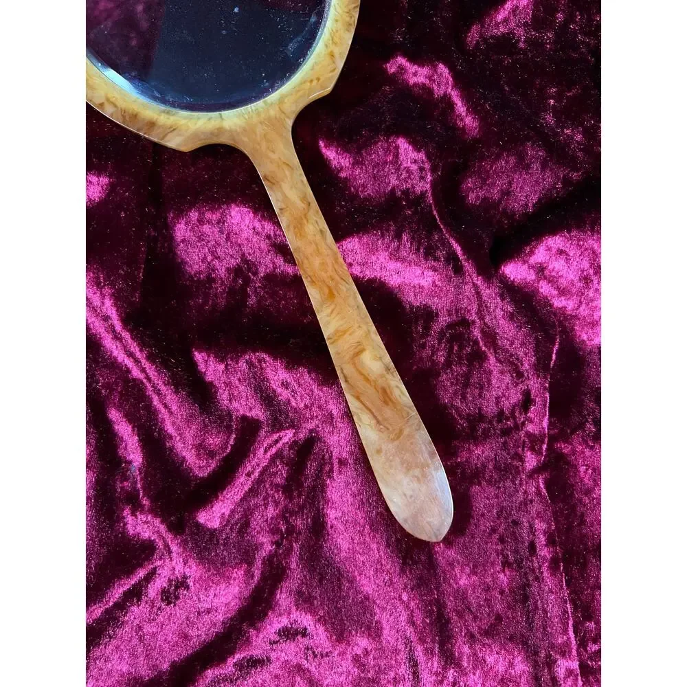 Vintage Art Deco Celluloid Vanity Hand Mirror Faux Mother of Pearl Orange Swirl